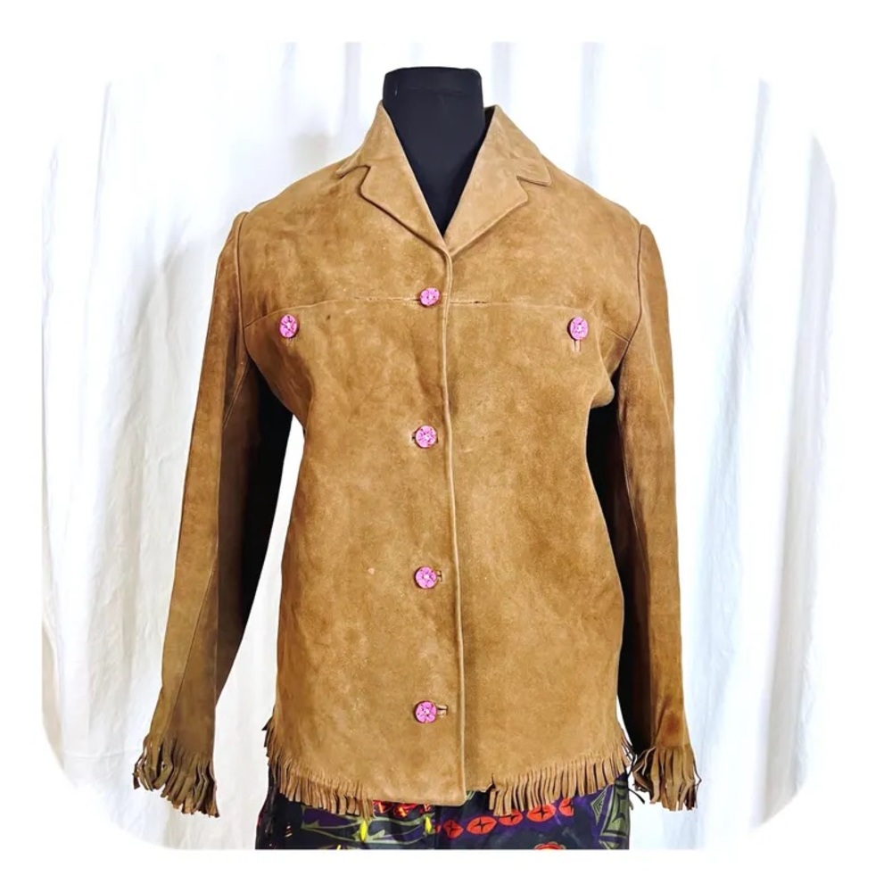 Vintage 70s EasyRider Brown suede shacket  W fringe sleeves and bottom hem